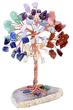 JOVIVI 7 Chakra Healing Crystal Money Tree,Mini Rainbow Gemstone Tree Feng Shui Ornaments Healing Crystal Tree Figurines,Agate Slice Geode Quartz Stone Stand for Home Office Decor