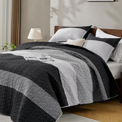 Andency Queen Quilt Bedding Set Black and White and Grey, 3 Pieces Patchwork Striped Ultra Soft Lightweight Bedspreads, Coverlets Set with 2 Pillow Shams for All Seasons (90x96) | Ultra Soft Summer Lightweight Coverlets Set, Patchwork Quilted Bedding Sets for All Seasons (90x96)
