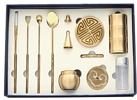 UOZACCY Räucherstäbchen-Set aus Messing, 11-teiliges Set, Räucherstäbchenform, Backflow-Turm, Räucherkegel, Löffel, Presse, Flasche, ideal für Yoga, Meditation, Heimduft