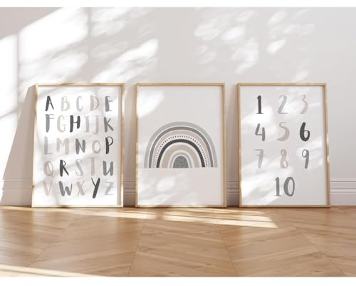 MeinBaby123® Bilder Kinderzimmer | 3er Set A4 Poster | Alphabet ABC Lernposter Zahlen Regenbogen | Deko Kinderzimmer Mädchen Jungen | Babyzimmer (ABC, Regenbogen, Zahlen - grau)