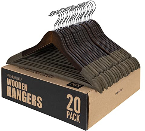 Samsarc Wooden Hangers - Non Slip Luxury Natural Lotus Wood & Velvet Suit & Pants Hangers - 360 Rotating Hooks - 20 Pack