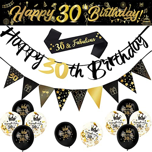 Happy 30th Birthday Decorations Banners Balloon for Men Black & Gold | Birthday Straps 9ft Banner Triangle Flags Confetti Latex Balloons