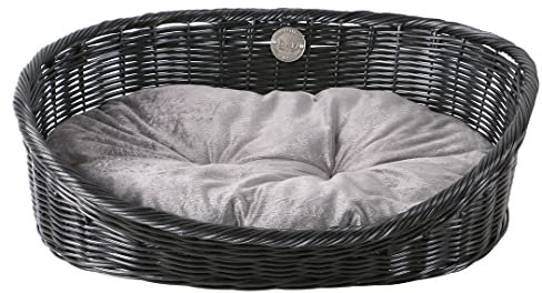 D&D Home, Korb für Katzen und/oder Hunde, Modell Rustikales Rattan, mit Kissen, Größe S – 54 x 40 x 17,5 cm, Schwarz/Anthrazit, Korb aus Poly-Rattan, inkl. Kissen, geeignet für Katzen und kleine Hunde