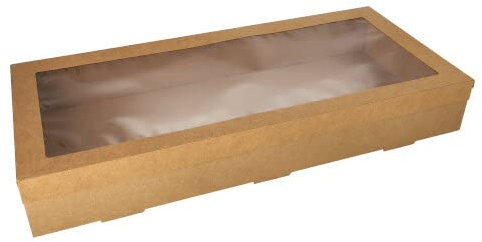 50 Transport- und Catering-Kartons, Pappe eckig 8 cm x 25,2 cm x 55,8 cm braun mit separatem Deckel und Sichtfenster aus PET
