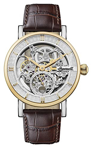 Ingersoll 1892 The Herald, Reloj automático de 40 mm para Hombre con Esfera Esqueleto Plateada y Correa de Cuero auténtico marrón I00412