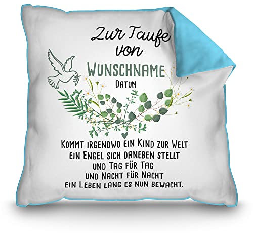 PR Print Royal Kissen zur Taufe mit Name & Datum - Kommt EIN Kind zur Welt - Geschenke zur Taufe, personalisierte Taufgeschenke Patenkind | inkl. Kissenfüllung, Rückseite Hellblau, 40 x 40 cm