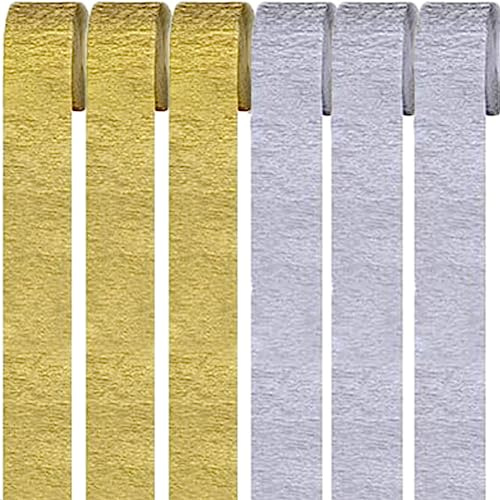 6 Rollen Krepppapier,Regenbogen kreppbänder Hintergrund Luftschlangen Papier Rainbow Crepe Paper Bastelkrepp für Party Dekoration und Handarbeiten Papierkunst 2 Farben (Gold+Silber)