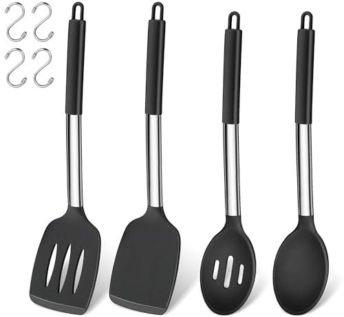 Küchenhelfer Set, Joyfair 4 Stück Silikon Pfannenwender und Kochlöffel Set, Hitzebeständig Küchenutensilien mit Edelstahlgriff, Kochbesteck für Kochen/Backen/Flip, Spülmaschinenfest - Schwarz