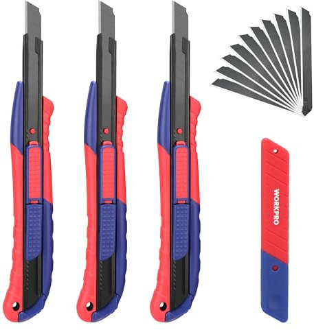 WORKPRO 3 Stück Cuttermesser Set 9mm mit 10 Ersatzklingen aus SK5, 2-in-1 Cuttermesser Profi mit Komfortgriff, Edelstahl-Schiene, Kartonmesser Abbrechklingen, Zum Schneiden von Papier, Pappe