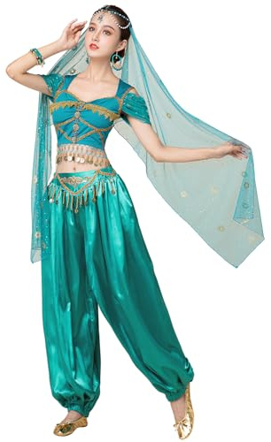 ELLYDOOR Arabisches Jasmin-Kostüm für Damen, Prinzessinnen-Kostüm, Halloween, Bauchtanz, Oberteil, Hose, 4-teiliges Outfit