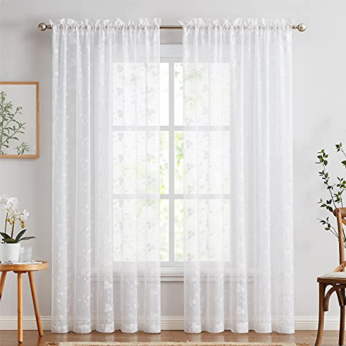 TOPICK Weiß Sheer Vorhänge 2er Set H 210 x B 140 (cm) für Wohnzimmer Bestickte Voile Fenster Vorhänge mit Floral Design lichtdurchlässig Gardinen für Schlafzimmer Fenster