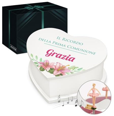 Maverton Jewelkeeper carillon portagioie cuore - portagioie personalizzato specchio - Carillon portagioielli musicale con ballerina - per Battesimo o Prima Comunione o Compleanno Bambina - Gigli