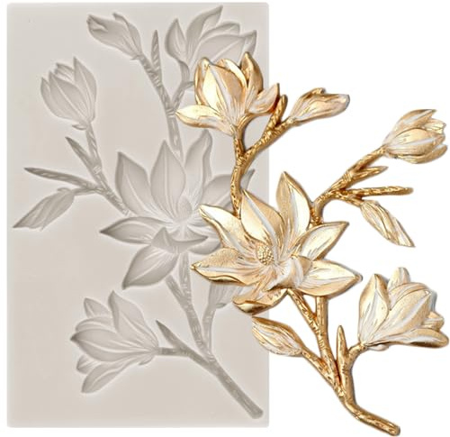 MYPRACS Blume und Blatt Fondant Form Magnolie Blume Silikonform für Kuchen Dekorieren Schokolade Süßigkeiten Cupcake Topper Dekorieren Polymer Clay 1 Stück
