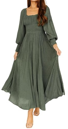 R.Vivimos Women's Square Neck Long Puff Sleeve Casual Maxi Dress Empire Waist Swiss Dots Long Peasant Dress