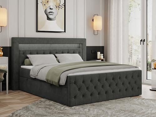 MKS MEBLE Boxspringbett 140x200 mit Led Grau, Bett Polsterbett 140x200 mit LED Kopfteil, Multipocket Matratze H4, Doppelbett mit Bettkasten Stauraumbett - Gold-9 - Dunkelgrau Struktur