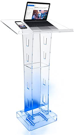 KumuJ Support de podium en acrylique - Grand pupitre de conférencier en acrylique transparent - Avec lumière LED bleue - Pour églises, écoles, salles de classe