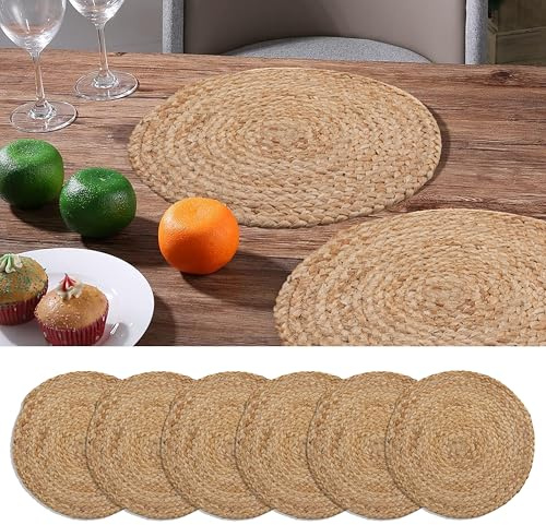 Craft Trade Lot de 6 Sets de Table Rond en Jute Naturel Tressé à la Main Set de Table Réversible Sets de Table en Jute pour Décoration de Table de Cuisine et de Salle- 33 cm