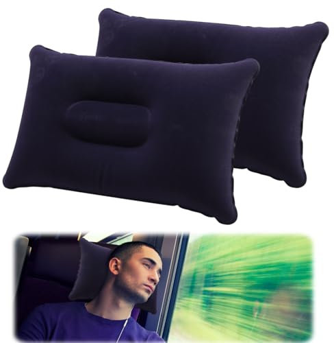 Fascetta Inflatable Pillows for Camping Travel 2pcs Small Air Pillow Soft Flocked Surface Portable Water Resistant Ultra Light Blow Up Pillow for Beach Sunbathing Fishing Car Airplane Office