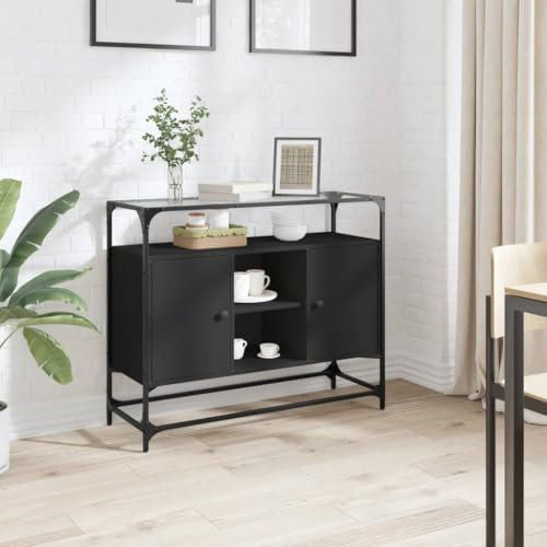LAPOOH Sideboard mit Glasplatte Schwarz 98x35x81 cm Holzwerkstoff, Kommode Schlafzimmer, Kommoden & Sideboards, Wohnzimmerschrank, Flur Kommode, Zimmer Möbel - 846069