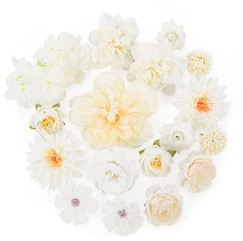 MWOOT 17 Stück Künstliche Blumenköpfe, Kunstblumen für Handwerk, Gefälschte Rosen Pfingstrose Seerose für DIY Hochzeit Party Festival Haus Garten Dekoration, Kunstblumen Deko(Weiß)