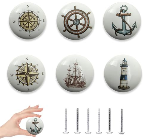 Lasyman Schubladenknöpfe und Griffe aus Keramik, 3,8 cm, niedlich, einzigartig, maritim, Strand, Küche, Schrank, 6 Stück