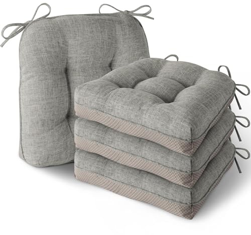 MineCozy Indoor Kitchen Chair Cushions Set of 4 Non Slip Tufted Chair Pads with Ties Thick Dining Room Dining Room Seat Cushions (40x40x10cm/16''x16''x4'') Light Grey