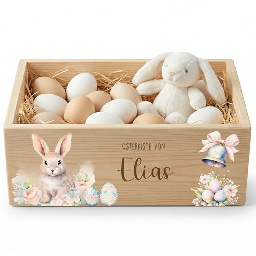 Kidsmood - Personalisierte Holzkiste mit Namen – Aufbewahrungskorb zu Ostern für Kinder, nachhaltig & kindersicher für Osterdeko & Ostergeschenke mit entzückendem Häschen (40x30x13)