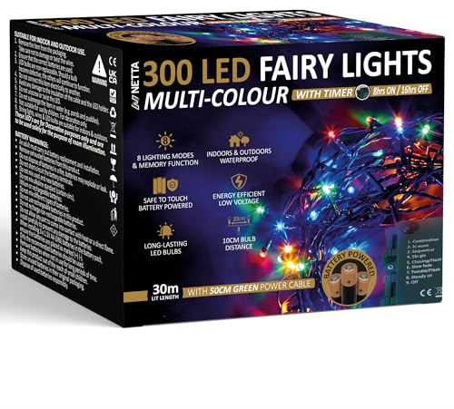 NETTA Battery Operated 300 LED 30M Christmas Tree Fairy Lights with Timer - 8 Different Mode String Lights for Outdoor & Indoor Use - Multi Coloured