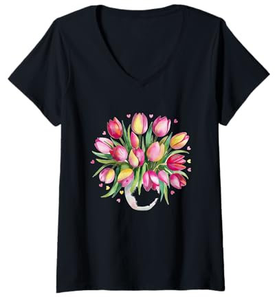 Femme Aquarelle Bouquet de tulipes printanières mignonnes et amusantes T-Shirt avec Col en V