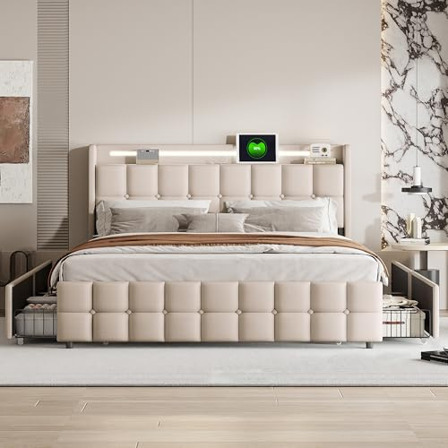 Säng 180 x 200 sängbord, LED och 2 USB, typ-C, vadderad dubbelsäng med 4 lådor, LED, vadderad säng, sänggavel med förvaring, säng, 2 personer, sängram för vuxna, tonåringar, linne