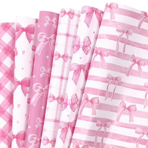 BOXOB 12 Blatt Geschenkpapier Schleifen Rosa, 68,58x50,8cm Seidenpapier Schleife Karierte Streifenschleife Geschenkpapier für Bastelarbeiten Hochzeit Babyparty Geburtstagsbedarf