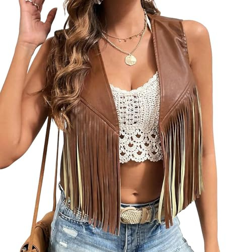 LYSINK Womens Leather Tassel Waistcoat 70s Hippie Sleeveless Fringe Jacket Western Cowgirl Vest Outfits (01Brown, L)
