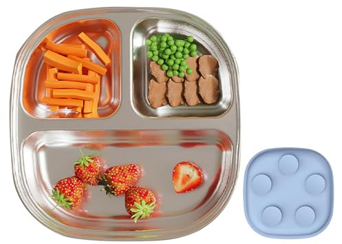 Assiettes Enfant compartimentées - Assiettes Anti-Glisse pour Tout-Petits avec Séparateurs | Vaisselle Réutilisable en Acier Inoxydable avec Ventouse - Couverts Anti-Dérapants pour Maison, Voyage et É