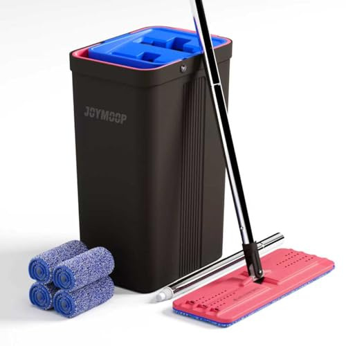 JOYMOOP Mop and Bucket with Wringer Set, Hands Free Flat Floor Mop and Bucket, with 4 Washable Microfiber Pads, Wet and Dry Use, Floor Cleaning System - Black+Red+Slate Blue