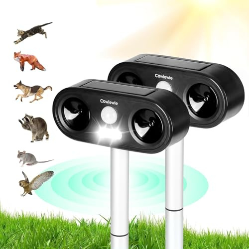 Cowiewie 2er-Pack Katzenschreck für Gärten, Solar-Ultraschall-Tiervertreiber mit Zwei Lautsprechern, LED-Blitz, PIR-Bewegungsmelder (120°), Wasserdicht, für Garten, Hinterhof und Pool (Schwarz)