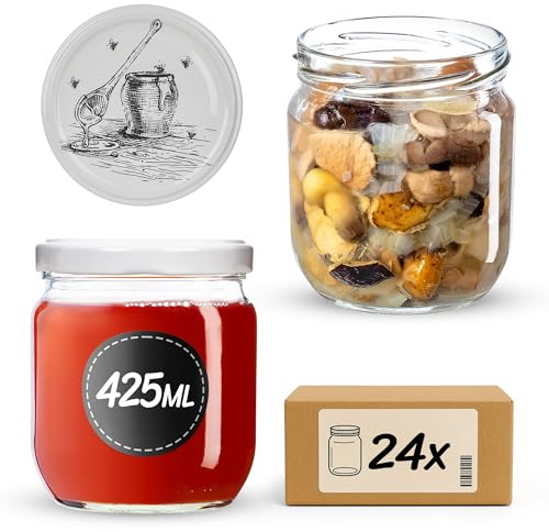 KADAX Lot de 24 pots à confiture avec couvercle à visser fi82, 425 ml, bocaux de conservation pour confitures, confitures, miel