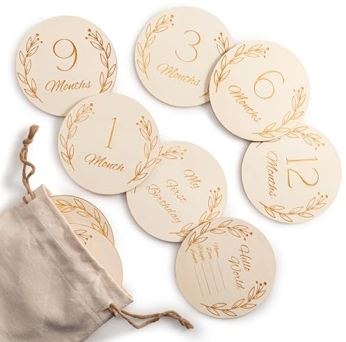 Wood You Buy Baby Meilensteinkarten aus Holz, Monatskarten, 14 Stk. | Babyshower Geschenk, Foto Requisiten, Hallo Welt Geburtskarte, Mein Erstes Jahr (1-12 Monate), Verschiedene Sprachversionen