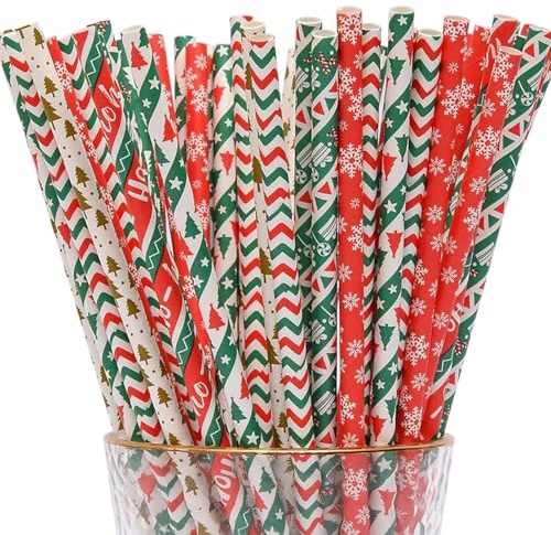 100PCS Christmas Paper Straws Biodegradable Christmas Drinking Straws Red White Green Xmas Party Straw Party Tableware Pack Cocktail Drink Accessories for Xmas Party Supplies