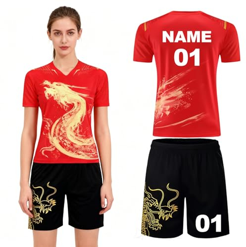 PSKJHN Personalisiertes Tischtennis Trikot Set Herren Damen Kinder-Atmungsaktives Sportshirt Mit Shorts Polyester-Individuelle Customisation Mit Namen, Nummer, Logo-GeschenkideeWomen/Kids Red,S