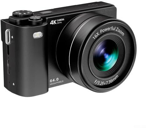 Appareil photo numérique avec capteur 64 MP avec zoom 16x, vidéo 4K Ultra HD, exposition automatique, flash photo, écran rabattable à 180 degrés pour les débutants (noir, 32 Go)