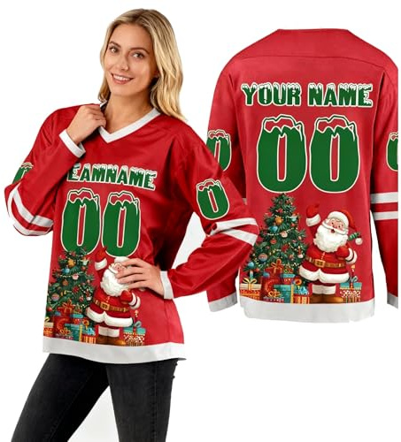 Personalisiertes Weihnachts-Eishockey-Trikot für die ganze Familie,Individuelles Eltern-Kind-Jersey mit personalisierter Namens,Nummern- und Teamdruck–Langärmliges Eishockey-Shirt ideal für Jungen