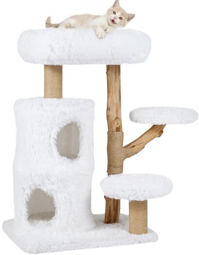 SOARS Arbre à Chat en Bois, 93 cm avec 3 Plateformes en Peluche,1 Niche, 2 Grotte, Corde en Jute et Troncs Naturels, Tour Chats Stable, Blanc