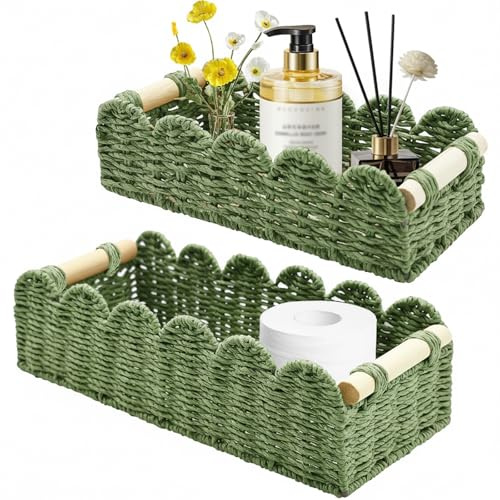 Yiomxhi 2 Pièces Panier Rangement Osier, Corbeille Rangement Papier Toilette Tressé avec Poignées en Bois, Boite Rotin pour Cuisine, Salle de Bain, Décor Maison (Vert)