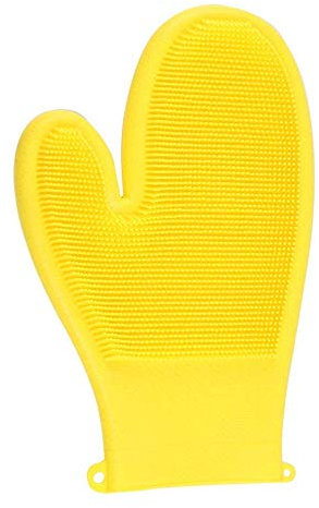 Magic Silicone Heat Resistant Gloves with Wash Scrubber for Grill Cooking, Cleaning, Household, Dish Washing, Washing the Car, Pet Hair Care (Yellow)