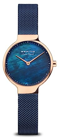 Bering Damen Quarz Uhr | Armbanduhr 27 mm Edelstahlgehäuse und Perlmutt Zifferblatt | Milanaisearmband | Saphierglas | 5 ATM | 15527