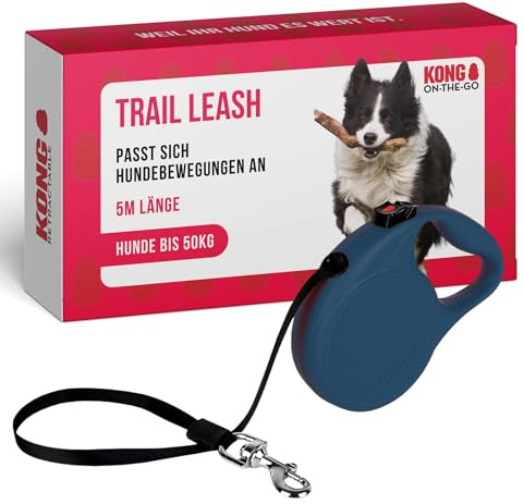 KONG Retractable Leash Trail 5m für Hunde bis 50kg Größe L | Robuste und leichte 5m Hundeleine für Hunde bis 50kg mit Softgriff, Brems- und Feststellsystem und breitem Gurtband.