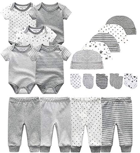 Kiddiezoom Baby-bodys, byxor för spädbarn, sparkdräkt, klädset, kläder för pojke, flicka, bomullsmössa, vantset mot rivmärken, 0-3 Månader
