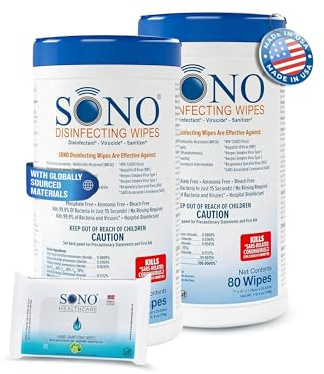SONO Disinfecting Wipes - 160 Count (Pack of 2) + Sanitizer, Alcohol-Free, No Bleach, Medical-Grade, Multi-Surface Cleaning for Home, School, Office