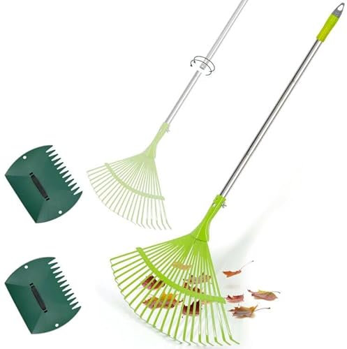 Hortem Rechen Set, 3 teilig Garten Laubrechen enthalten Teleskopstiel Laubbesen 78-173cm, Laubgreifer und Gartenhandschuh, Fächerbesen Grün