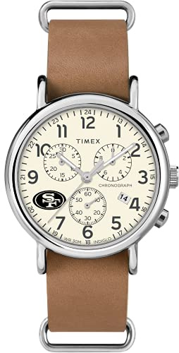 Timex Men's NFL Weekender Chrono 40mm Watch – San Francisco 49ers with Tan Genuine Leather Slip-Thru Strap